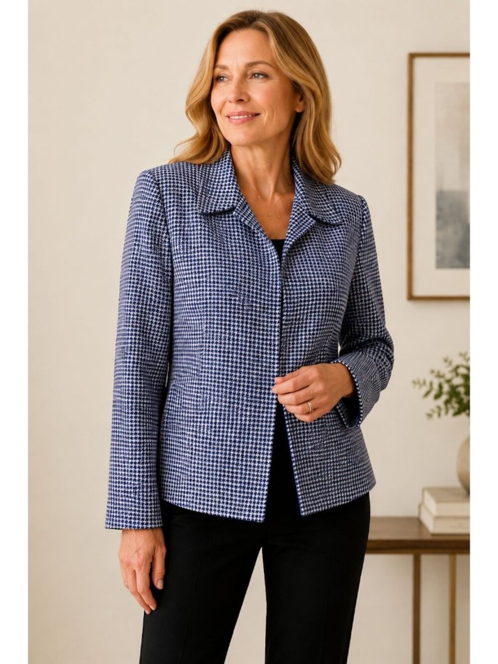VTG Joan Leslie Petite 12P Houndstooth Blazer Blue Black White Career Jacket